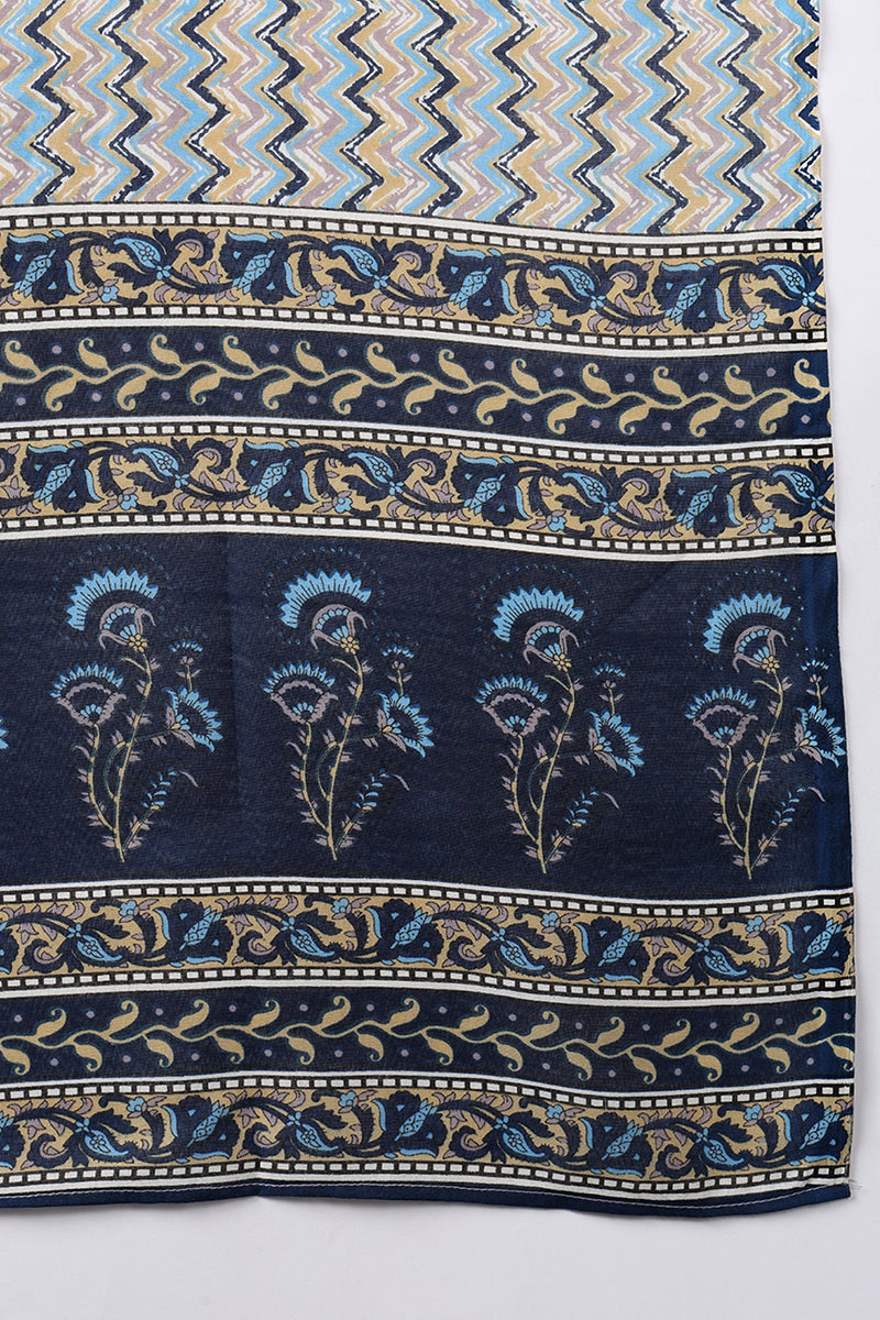 Blue Rayon Blend Floral Printed Straight Suit Set - Blue