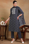Navy Blue Rayon Blend Bandhani Printed Straight Suit Set - Blue