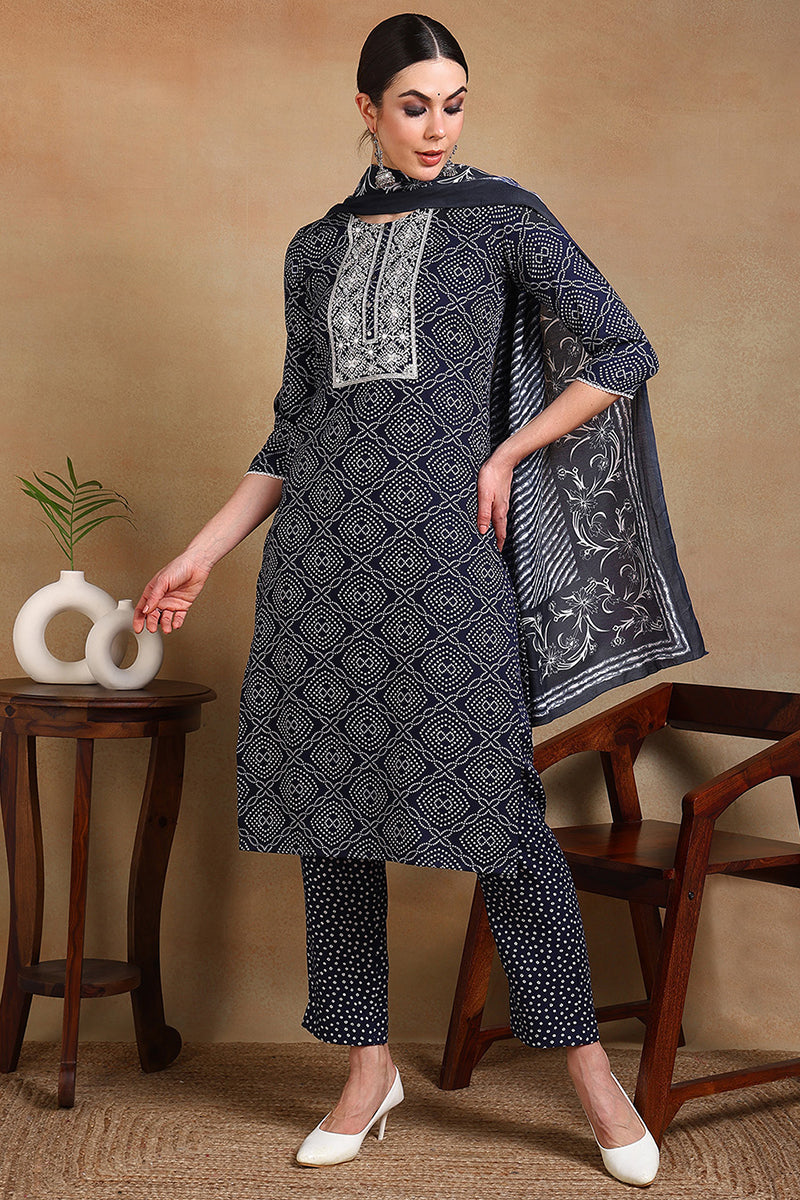 Navy Blue Rayon Blend Bandhani Printed Straight Suit Set - Blue