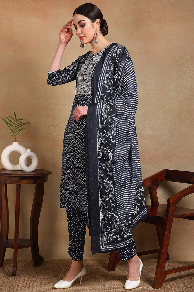 Navy Blue Rayon Blend Bandhani Printed Straight Suit Set - Blue