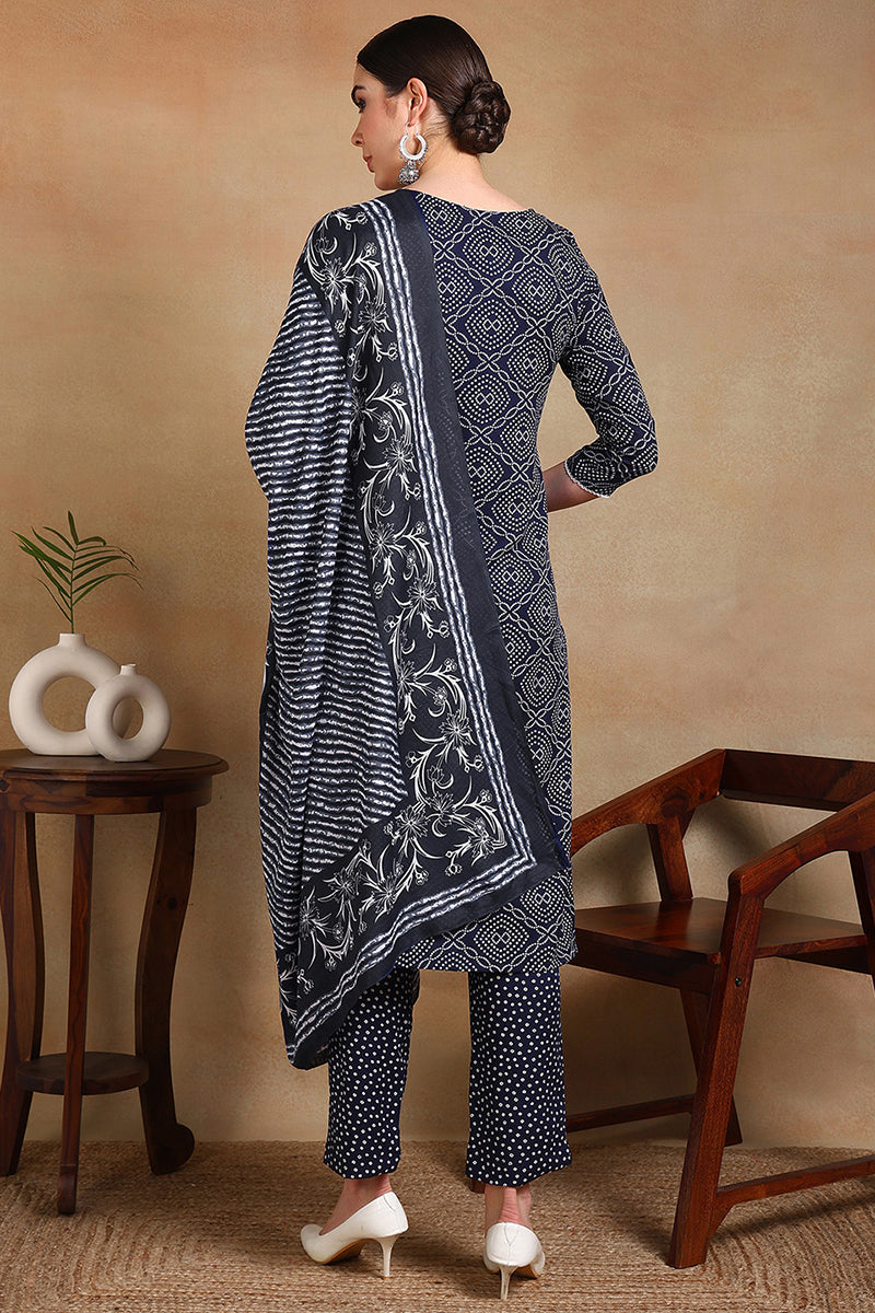 Navy Blue Rayon Blend Bandhani Printed Straight Suit Set - Blue