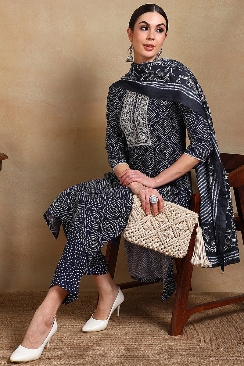 Navy Blue Rayon Blend Bandhani Printed Straight Suit Set - Blue