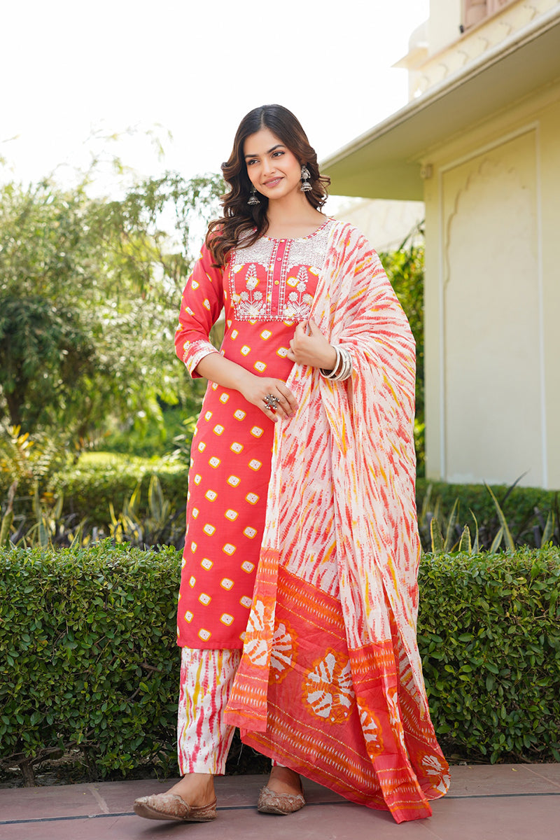 Orange Rayon Blend Bandhani Embroidered Straight Trouser Bottom Suit Set - Orange