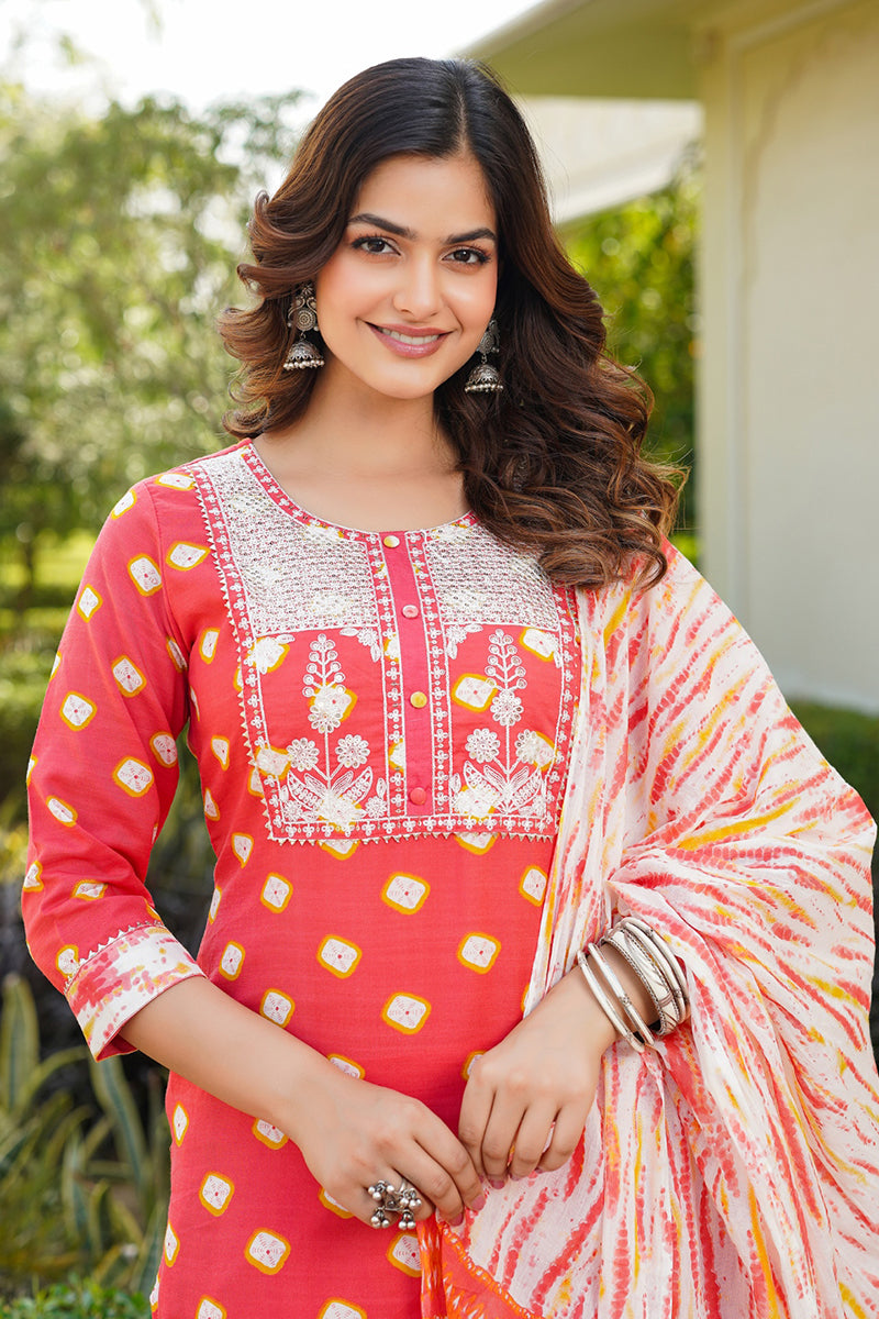 Orange Rayon Blend Bandhani Embroidered Straight Trouser Bottom Suit Set - Orange