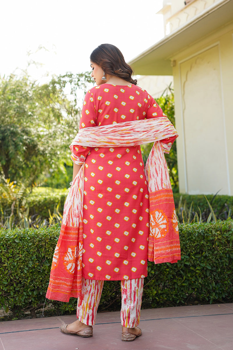 Orange Rayon Blend Bandhani Embroidered Straight Trouser Bottom Suit Set - Orange