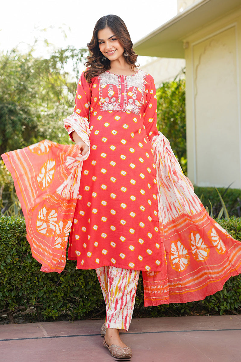Orange Rayon Blend Bandhani Embroidered Straight Trouser Bottom Suit Set - Orange