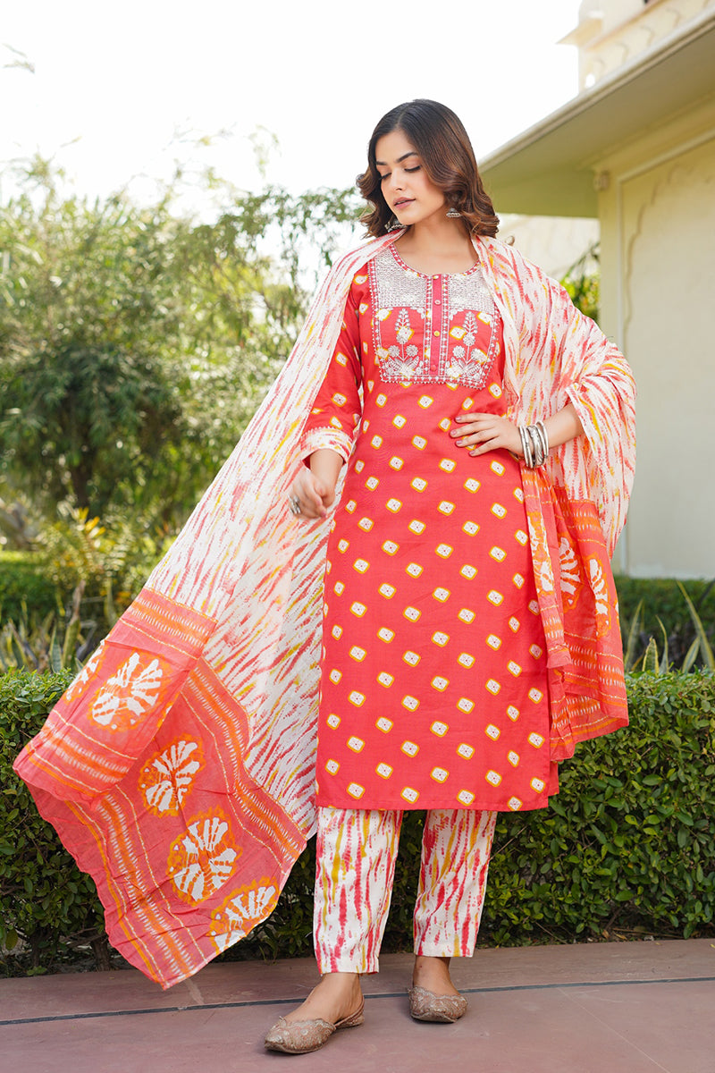 Orange Rayon Blend Bandhani Embroidered Straight Trouser Bottom Suit Set - Orange