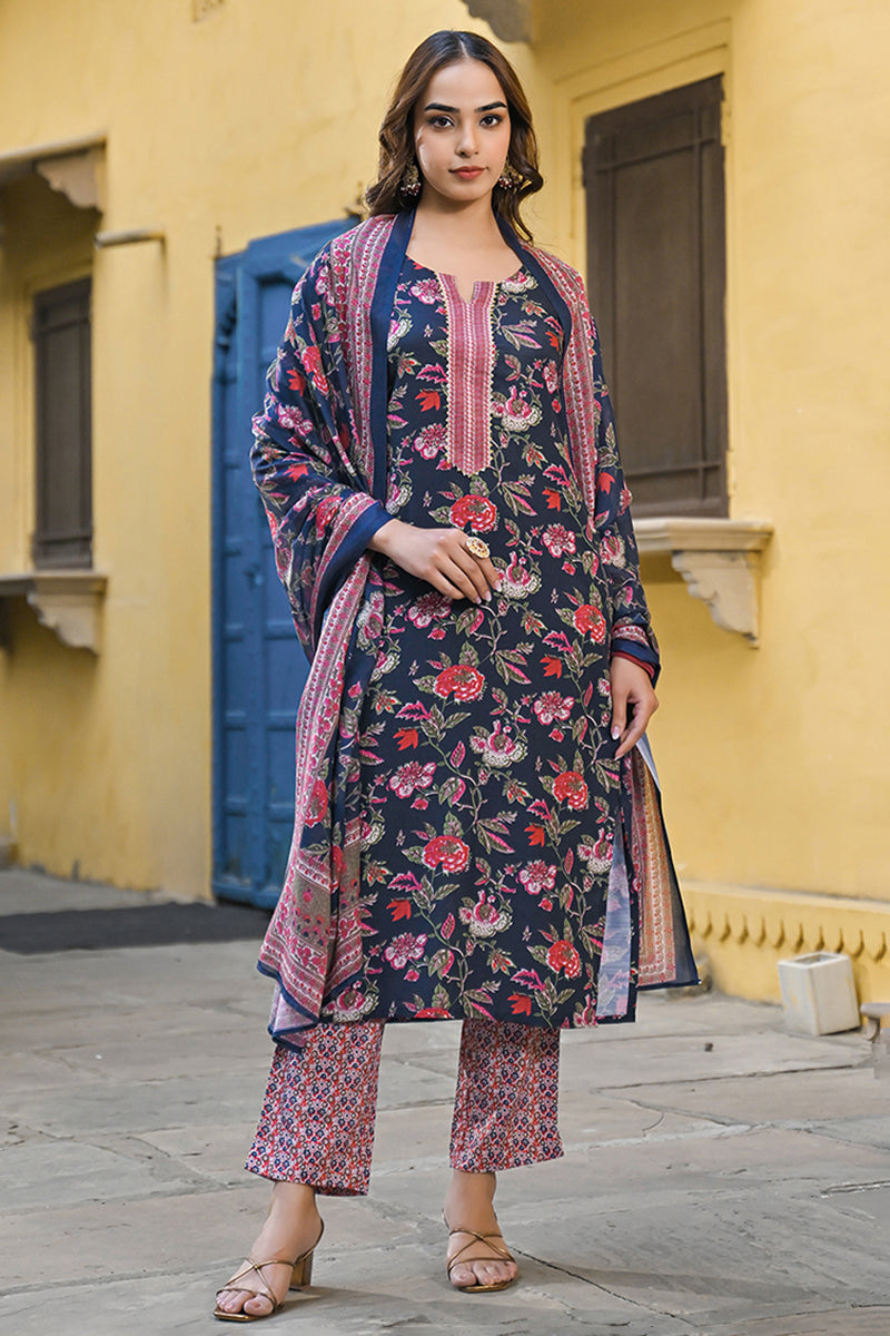 Navy Blue Rayon Blend Floral Printed Straight Trouser Suit Set - Blue