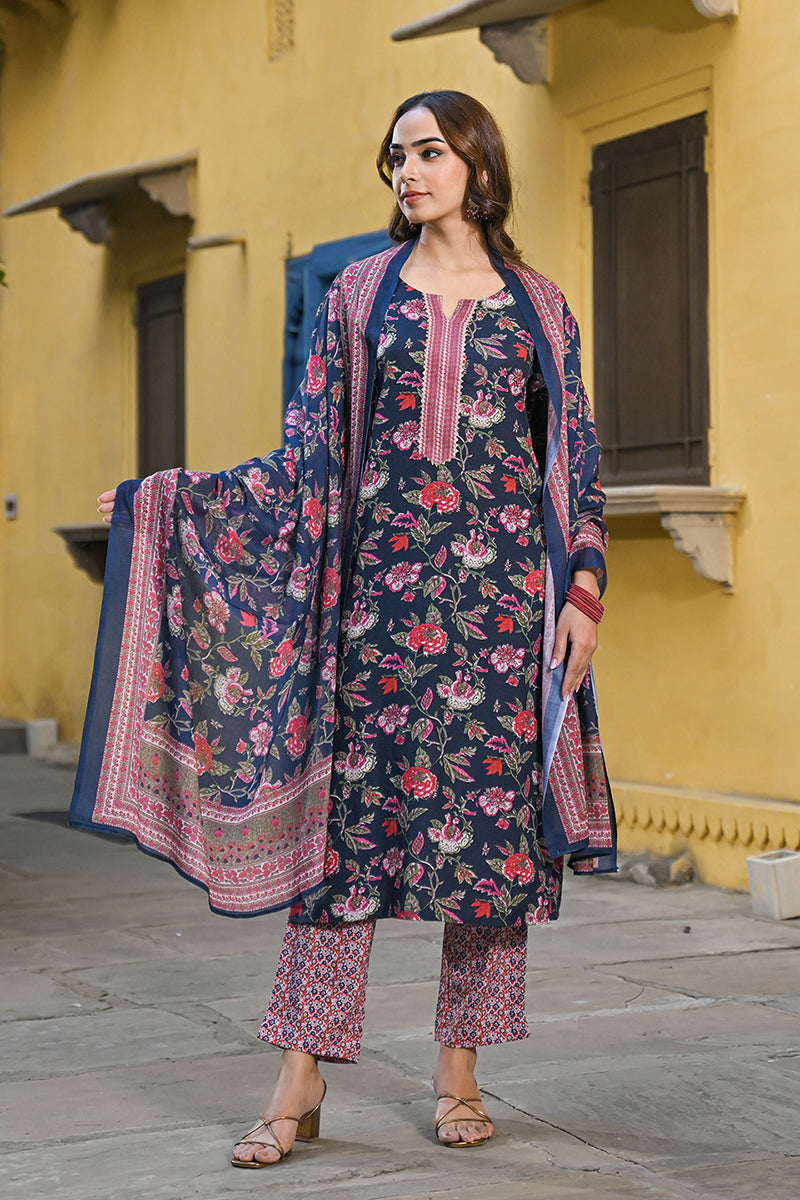 Navy Blue Rayon Blend Floral Printed Straight Trouser Suit Set - Blue