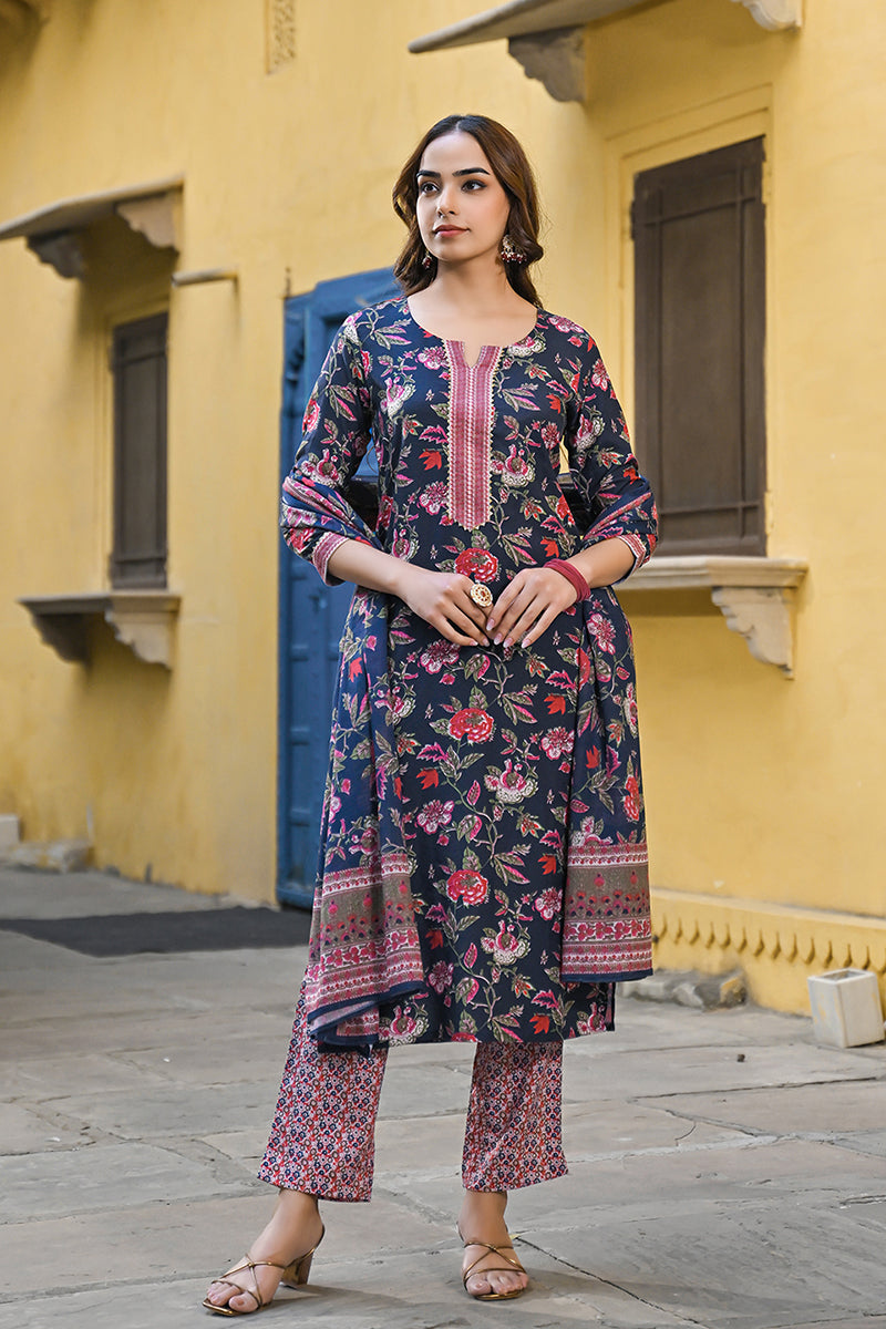 Navy Blue Rayon Blend Floral Printed Straight Trouser Suit Set - Blue