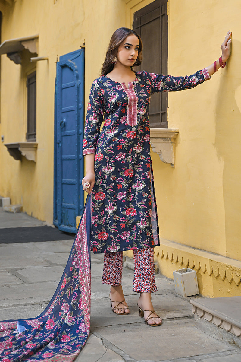 Navy Blue Rayon Blend Floral Printed Straight Trouser Suit Set - Blue