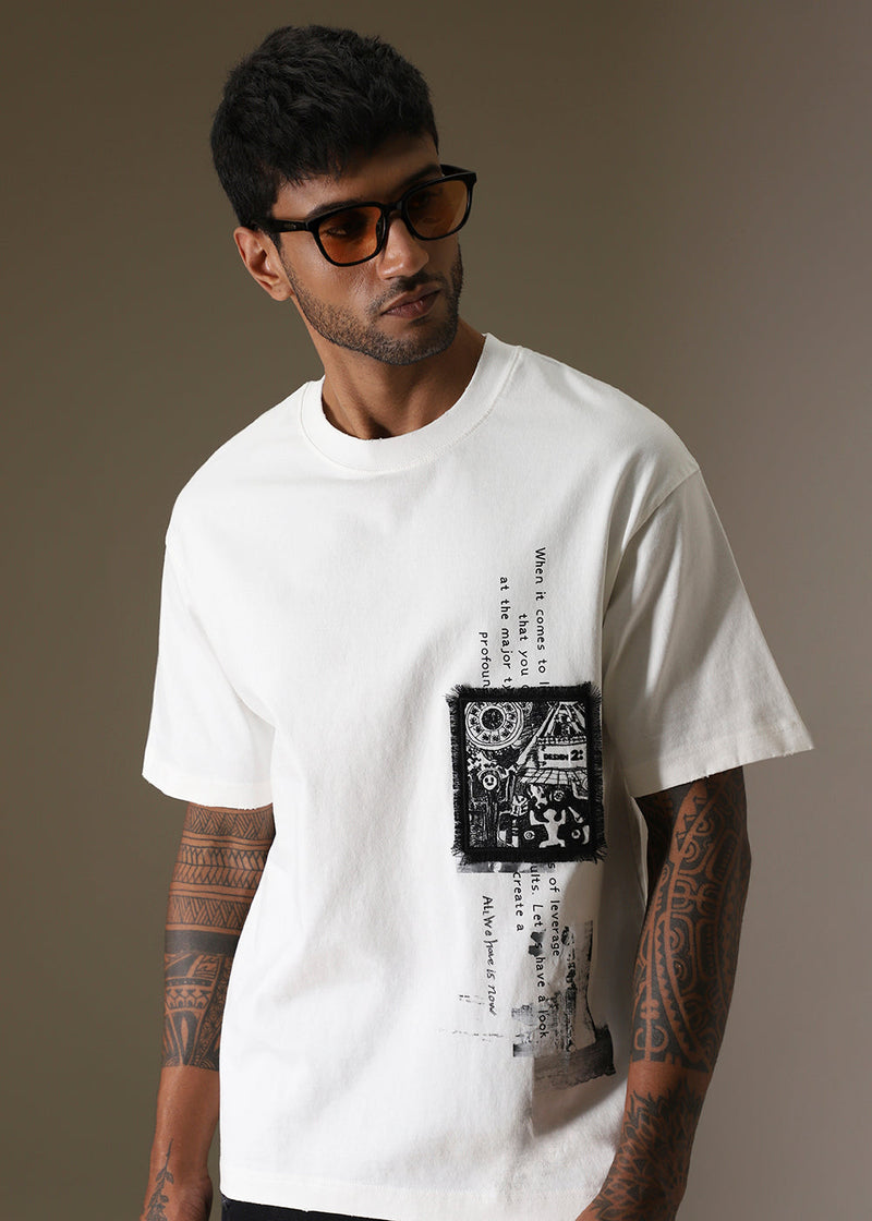 White Applique Printed Oversized T-shirt