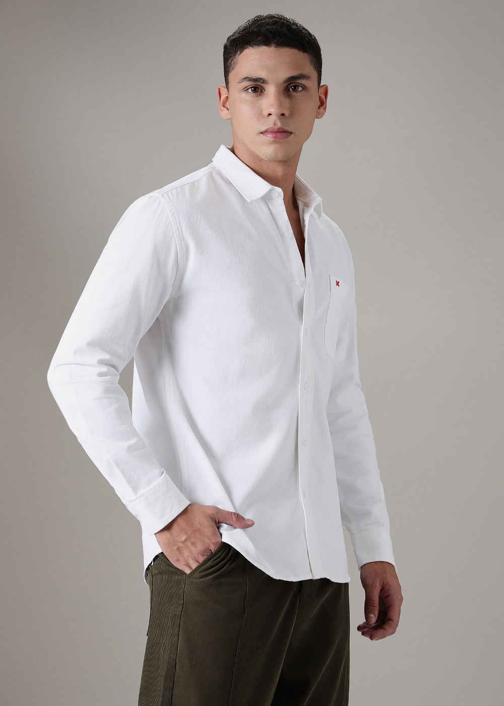 White Plain Cotton Single Pocket Shirt