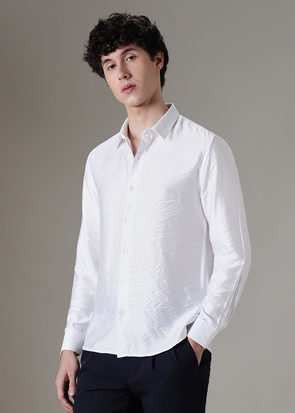 White Plain Crushed Satin Shirt