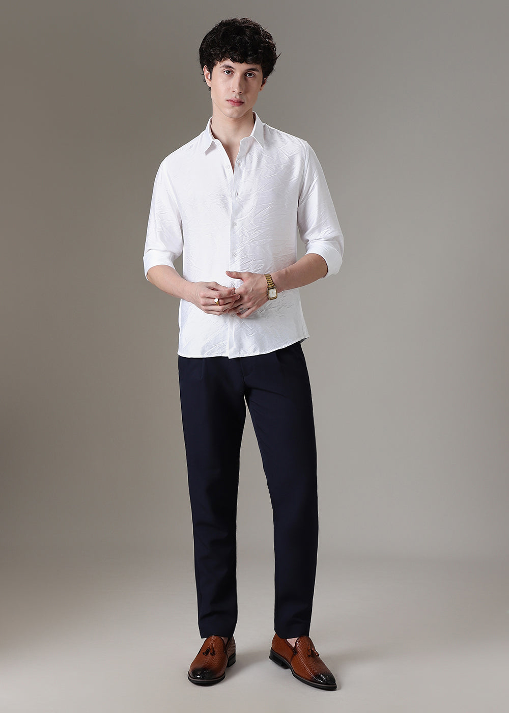 White Plain Crushed Satin Shirt