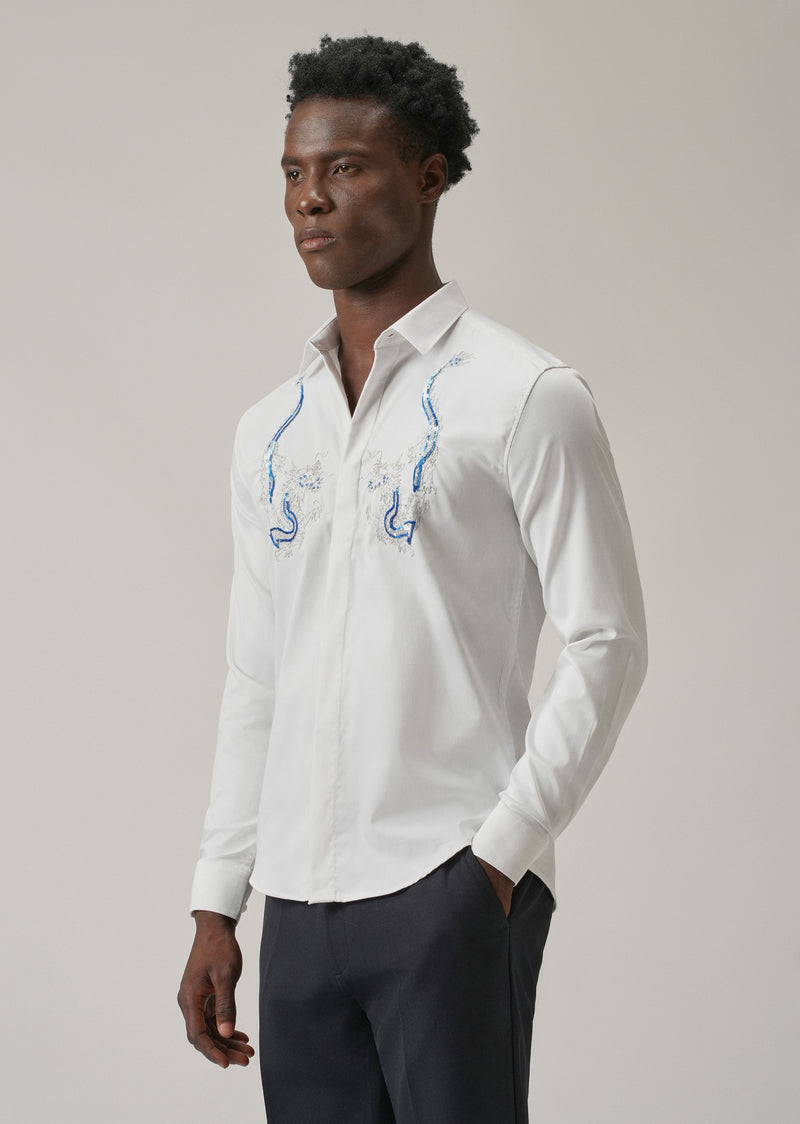 White Handcrafted Dragon Designer Shirt