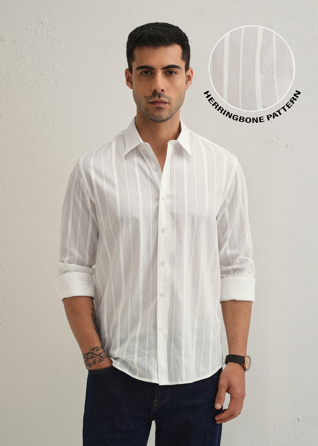 White Herringbone Pattern Shirt