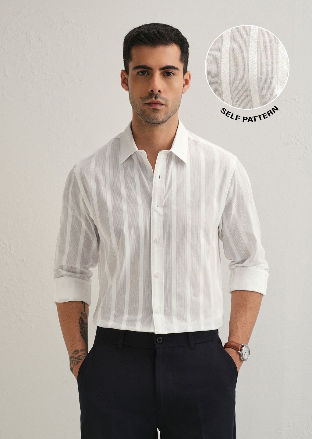 White Self Pattern Blended Cotton Shirt