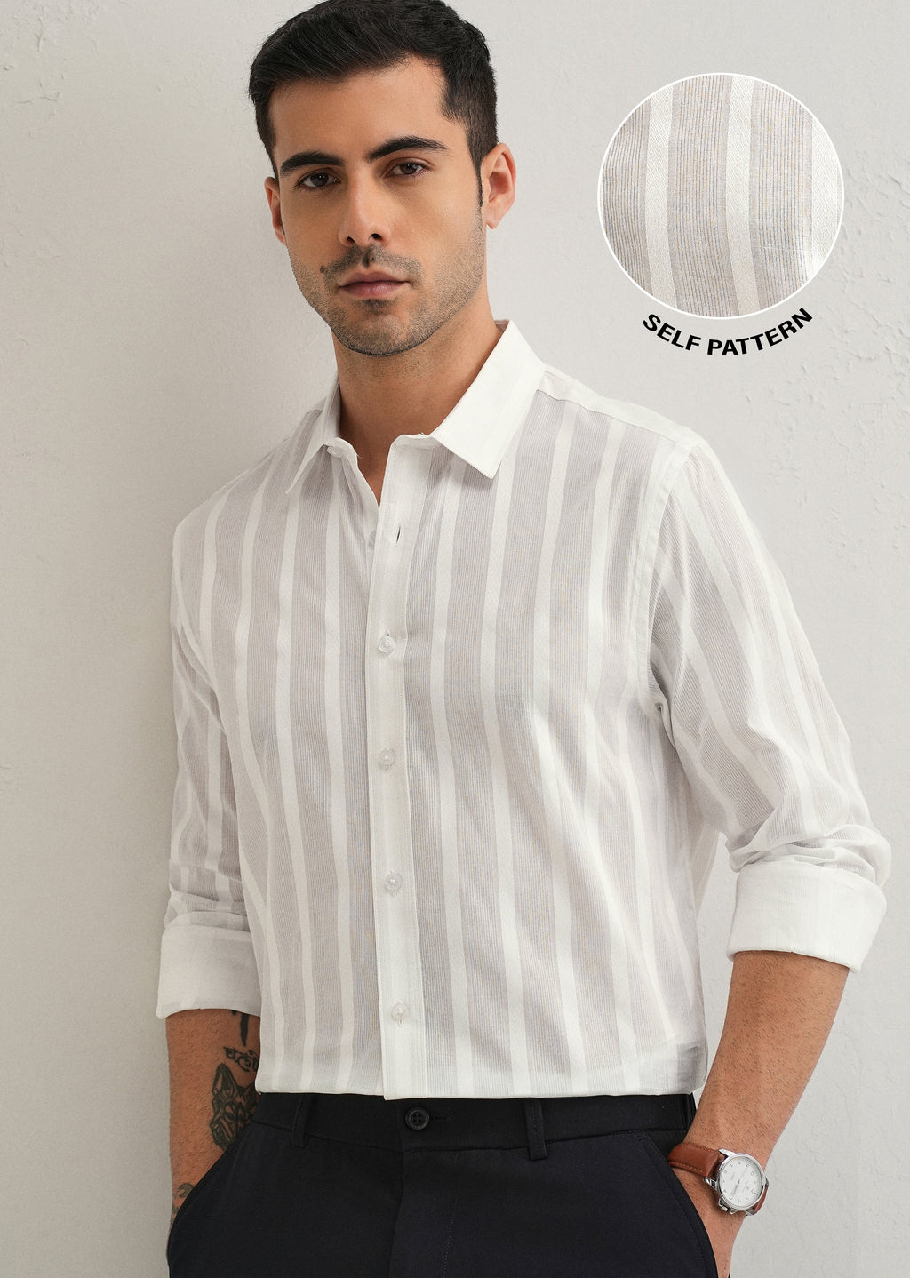 White Self Pattern Blended Cotton Shirt