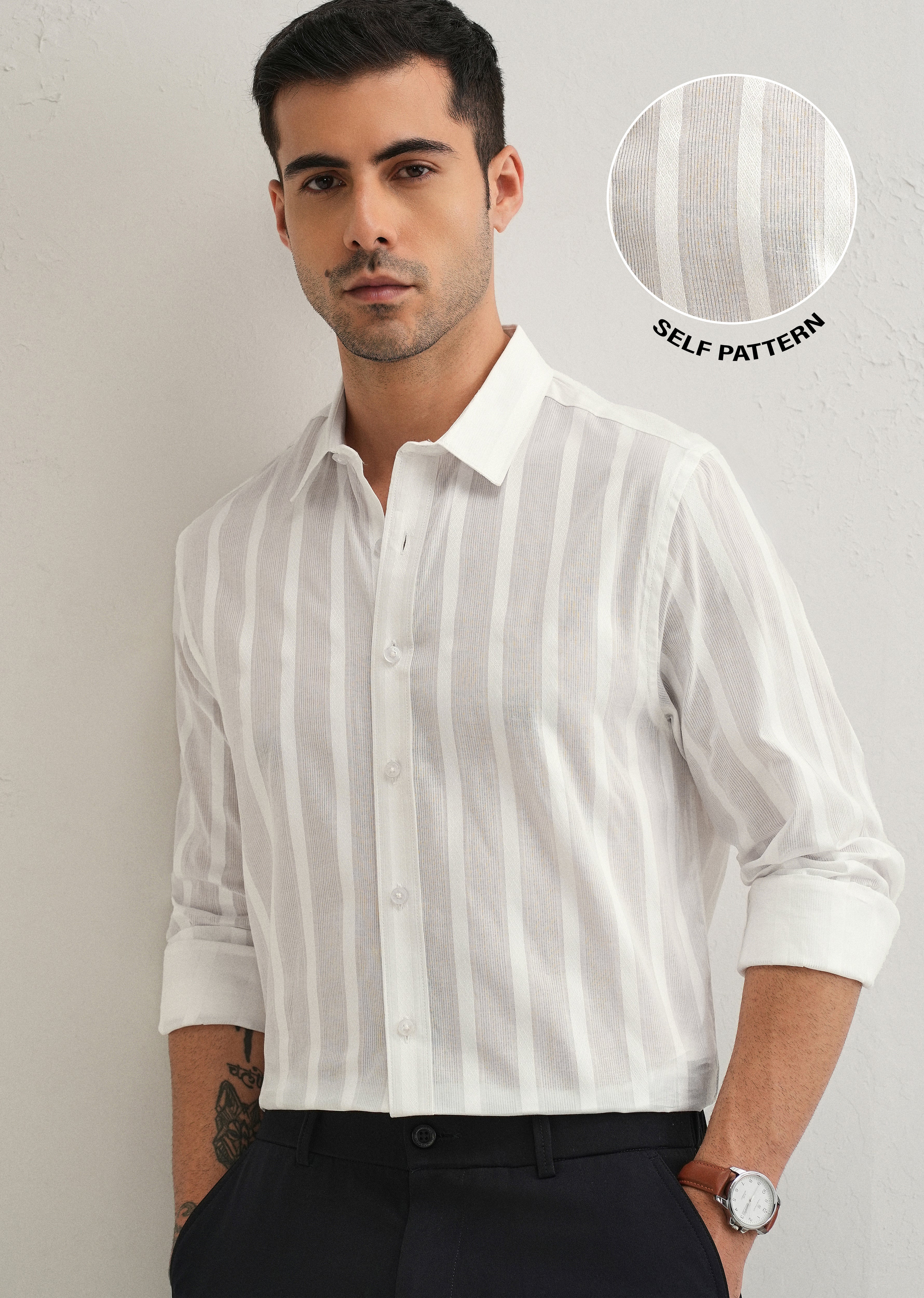 White Self Pattern Blended Cotton Shirt