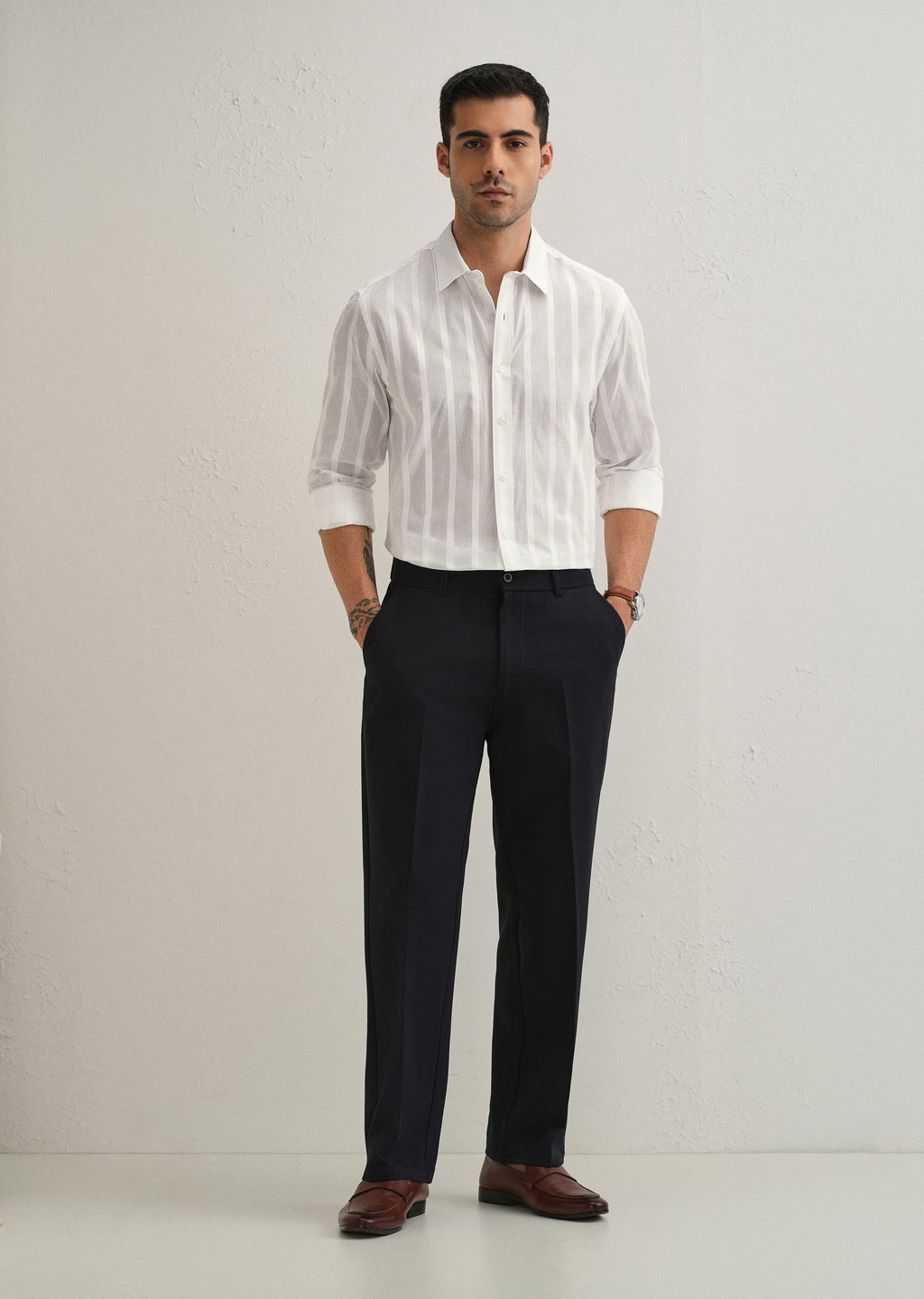 White Self Pattern Blended Cotton Shirt