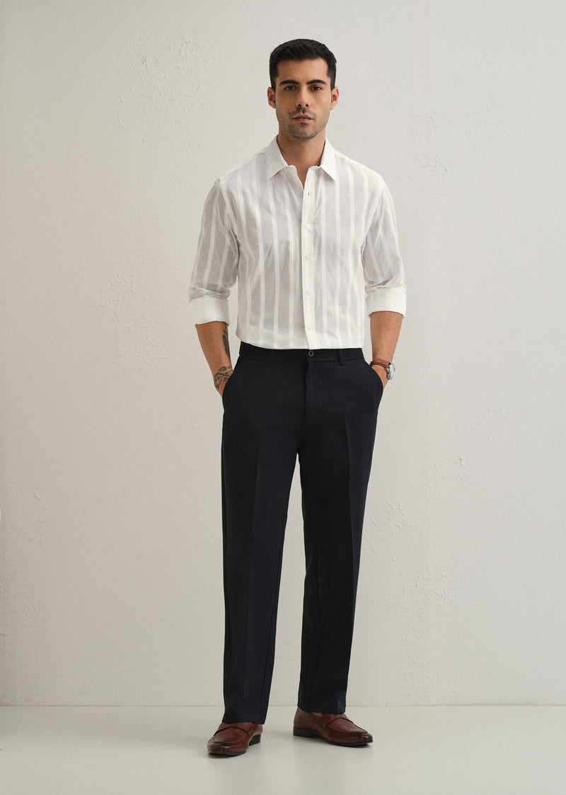White Self Pattern Blended Cotton Shirt