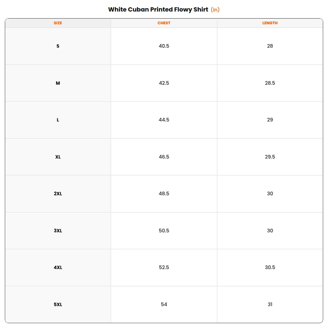 Size chart - White Cuban Printed Flowy Shirt