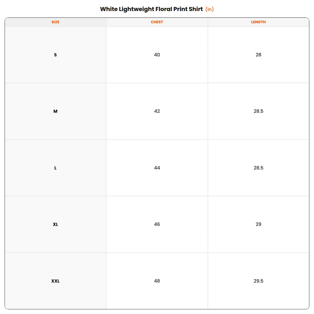 Size chart - White Lightweight Floral Print Shirt