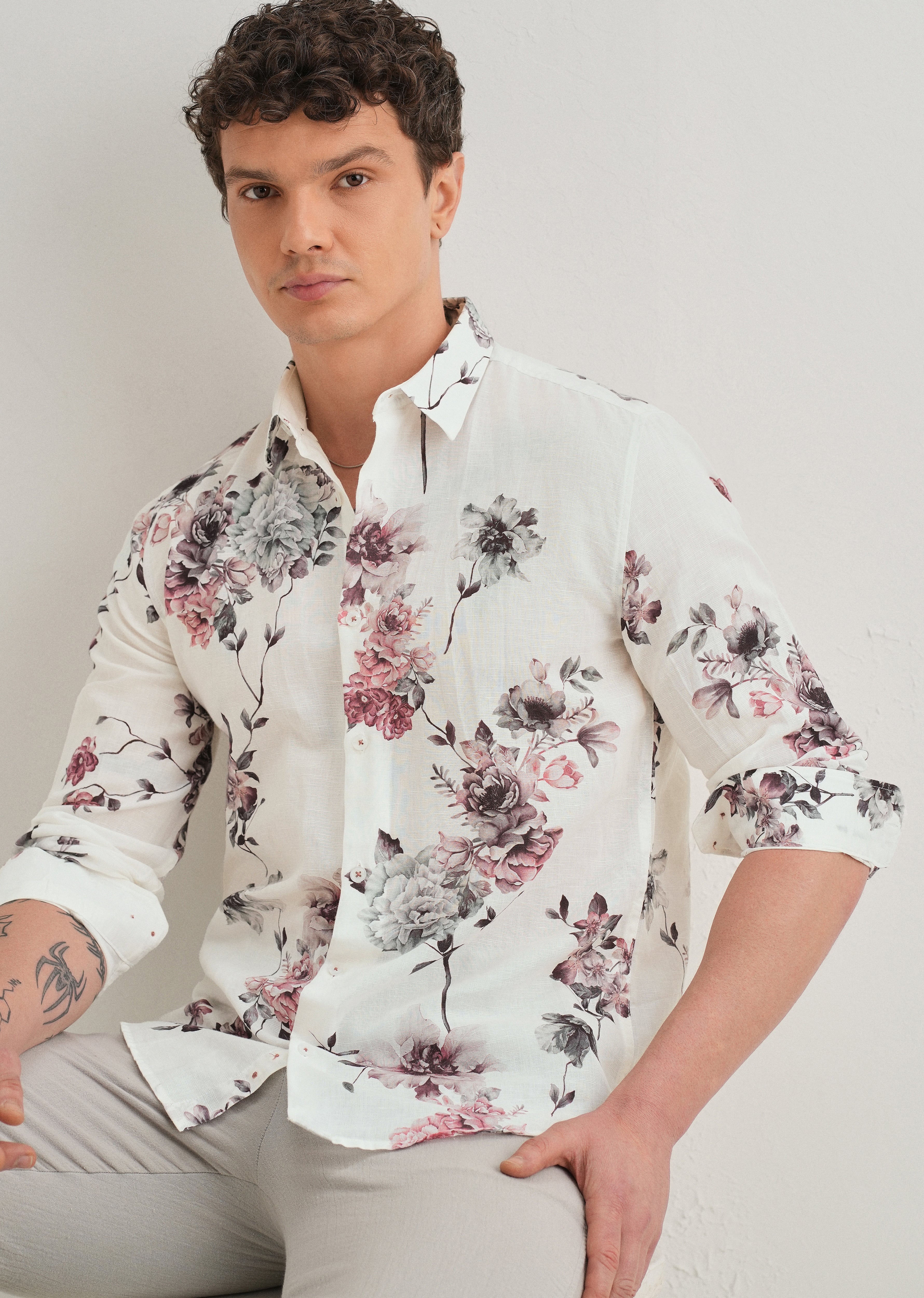 White Peony Dahlia Printed Cotton Linen Shirt