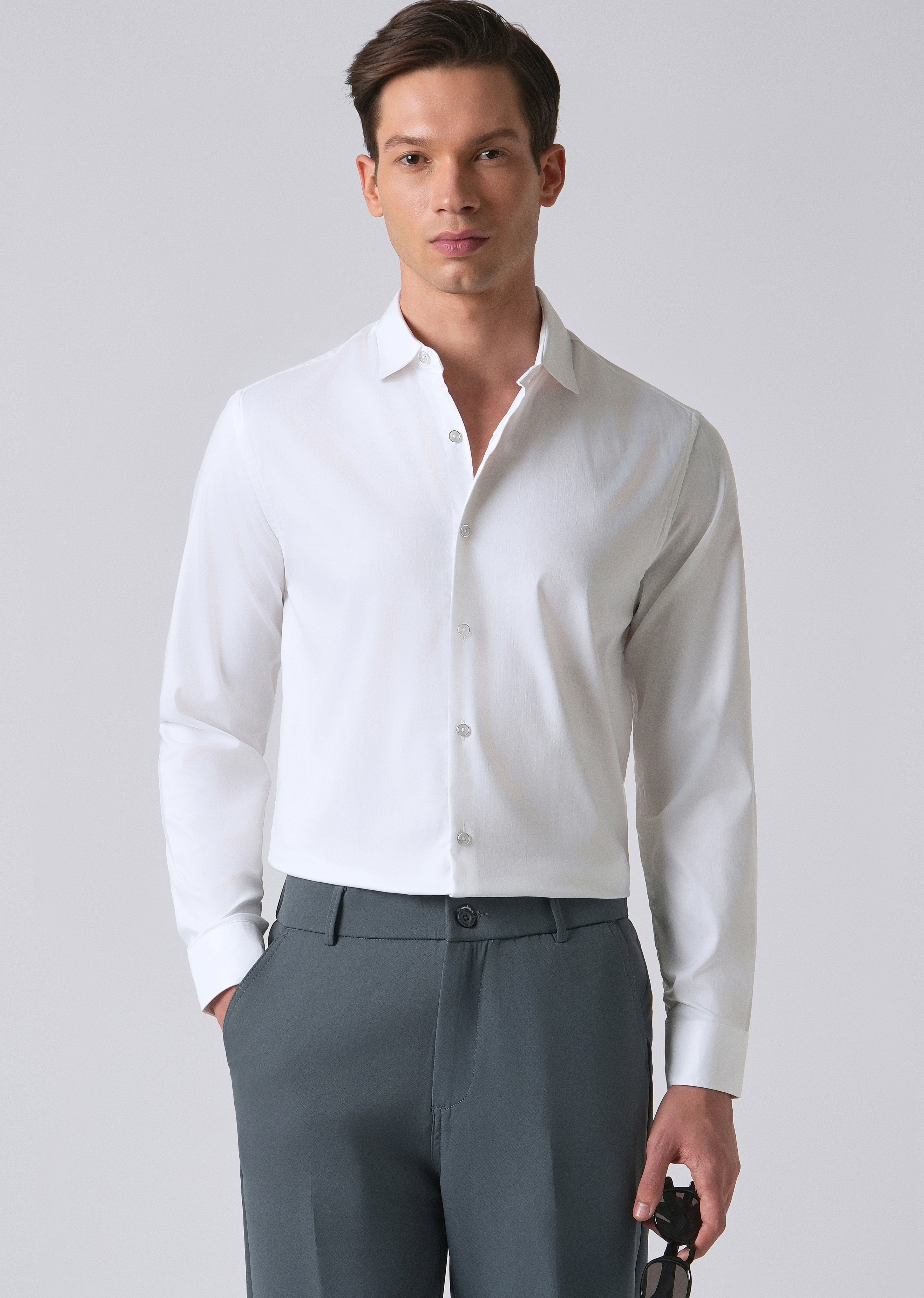 White Cotton Stretch Plain Shirt