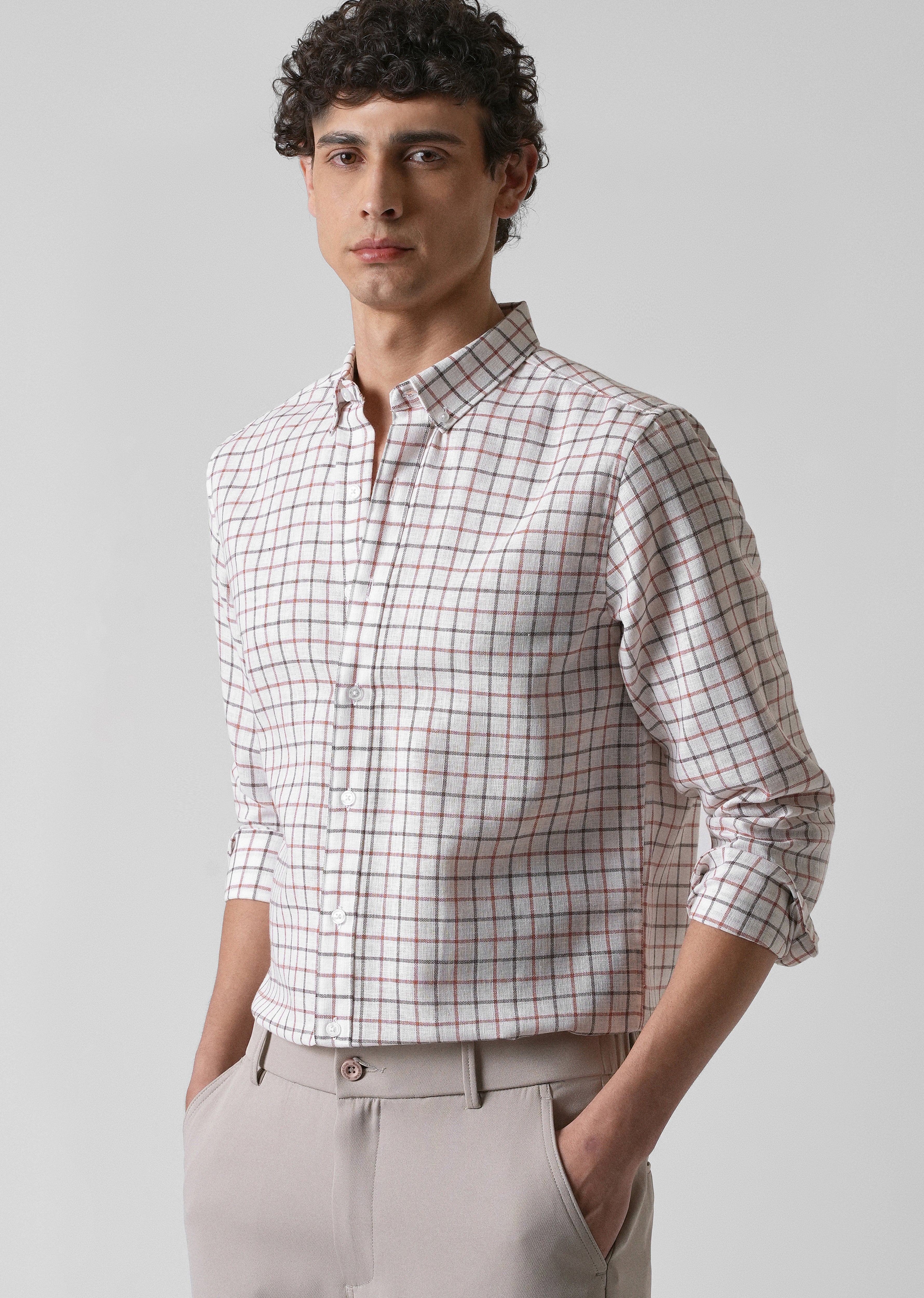 White Red Blended Cotton Check Shirt
