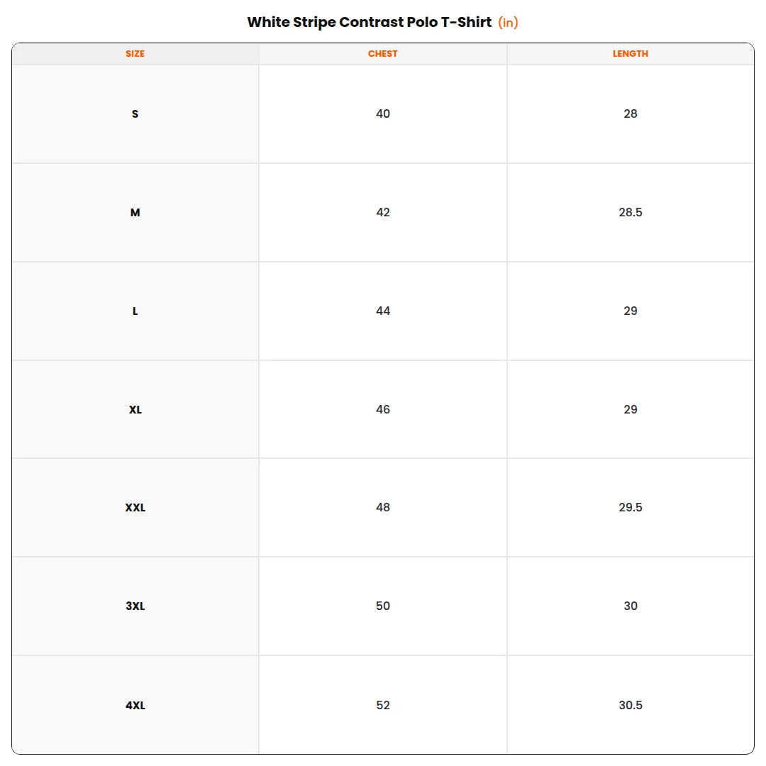 Size chart - White Stripe Contrast Polo T-Shirt