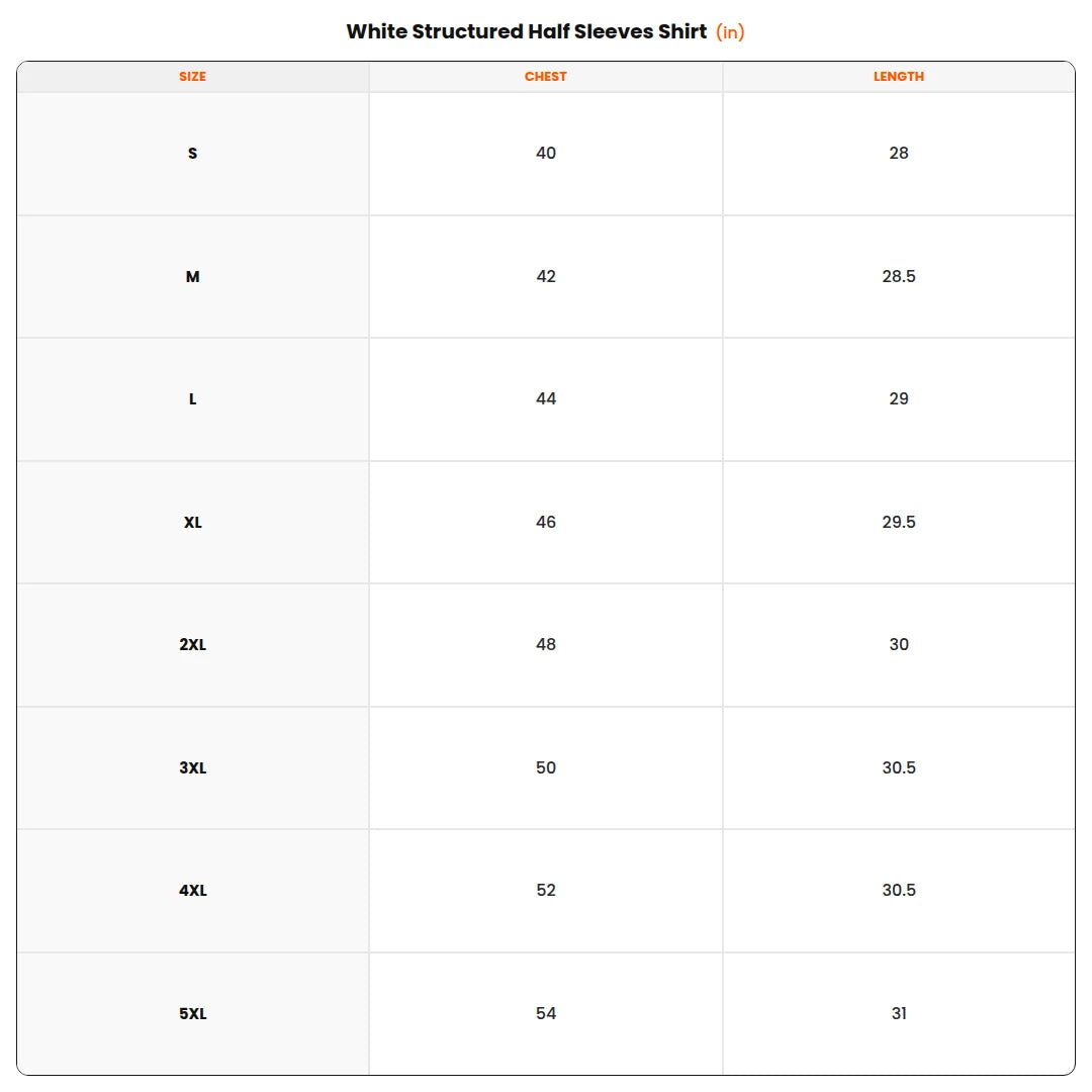 Size chart - White Structured Half Sleeves Shirt