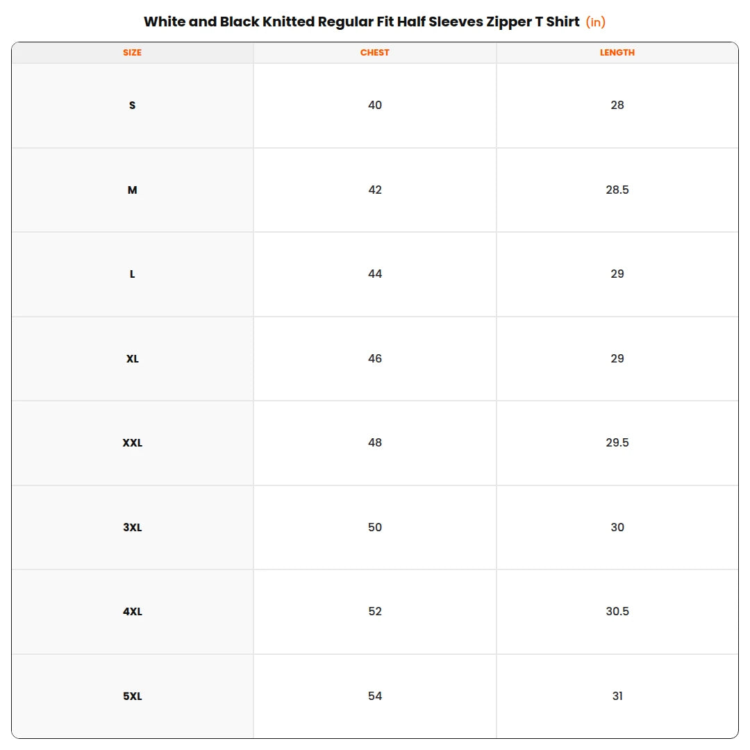 Size chart - White and Black Knitted Regular Fit Half Sleeves Zipper T Shirt