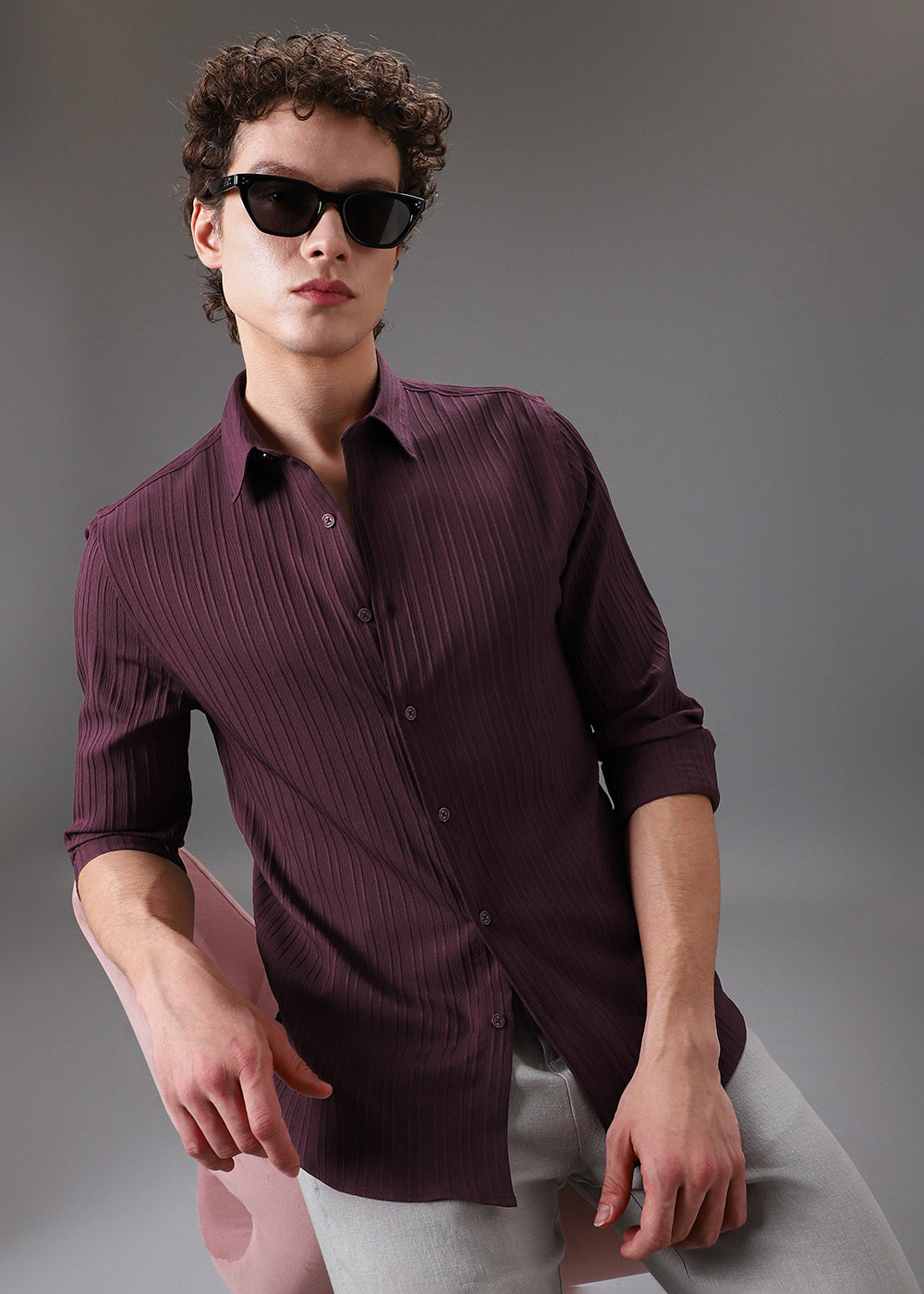 Wine Plain Self Striped Shirt