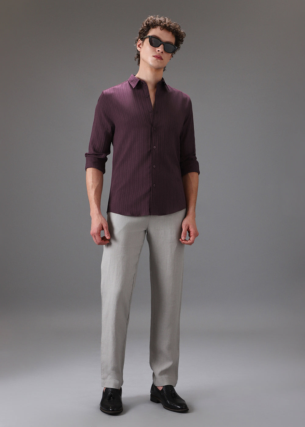 Wine Plain Self Striped Shirt