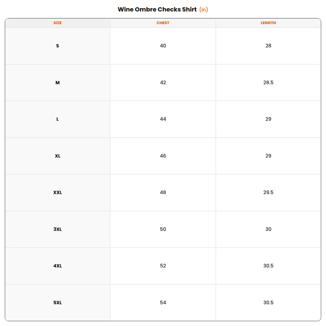 Size chart - Wine Ombre Checks Shirt