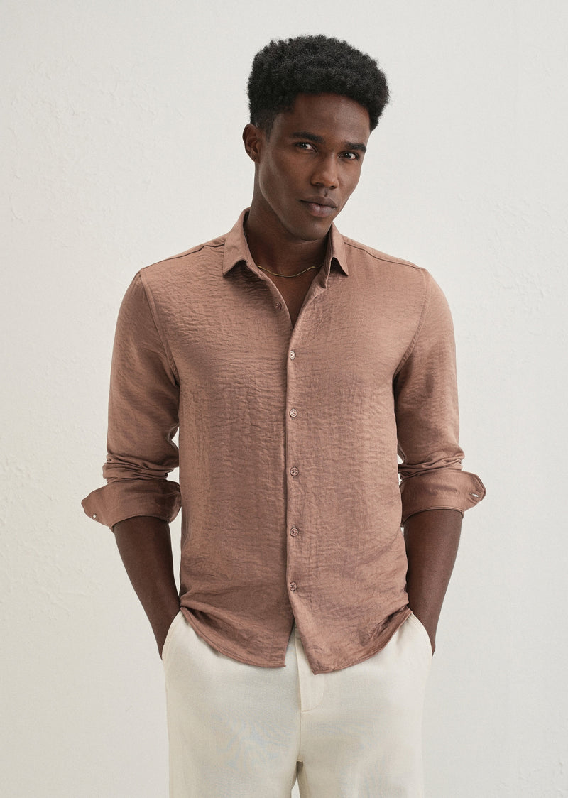 Wood Brown Plain Crushed Satin Shirt