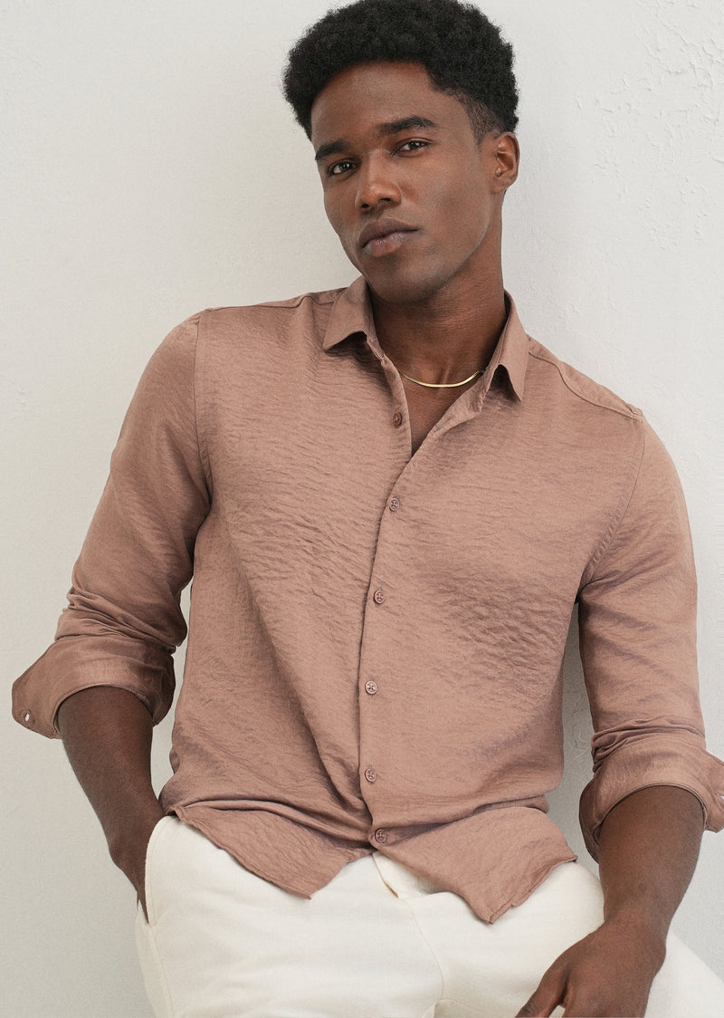 Wood Brown Plain Crushed Satin Shirt