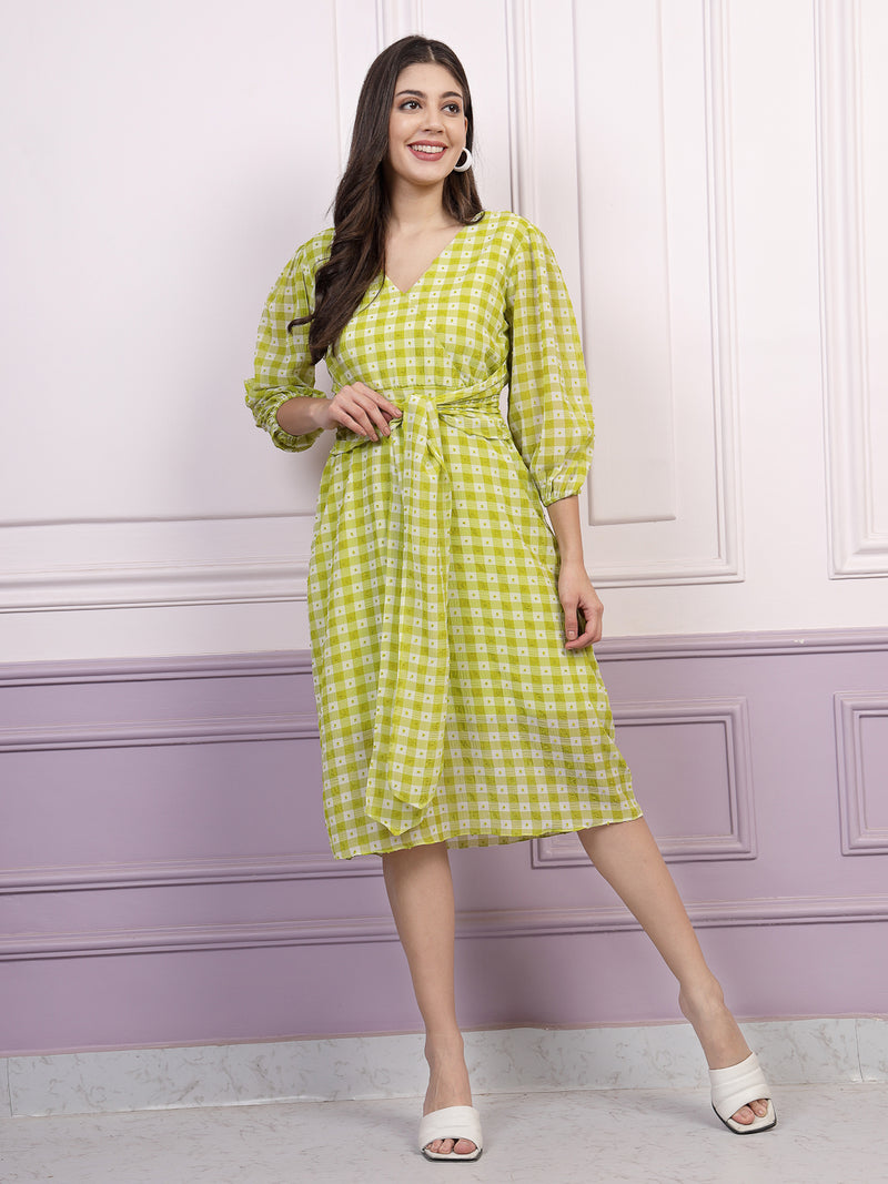 Athena Checked Georgette A-Line Tie Up Dress