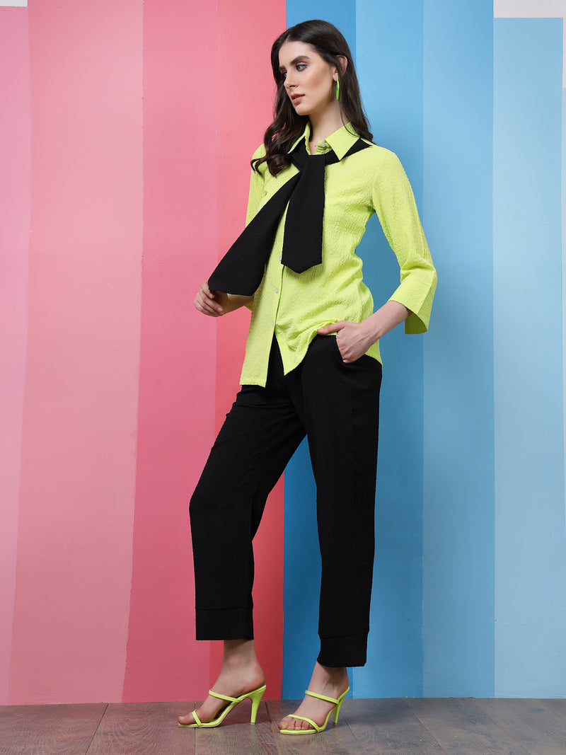 Athena Black Green Self-Design Shirt-Collar Shirt With Trousers Scarf Co-Ords