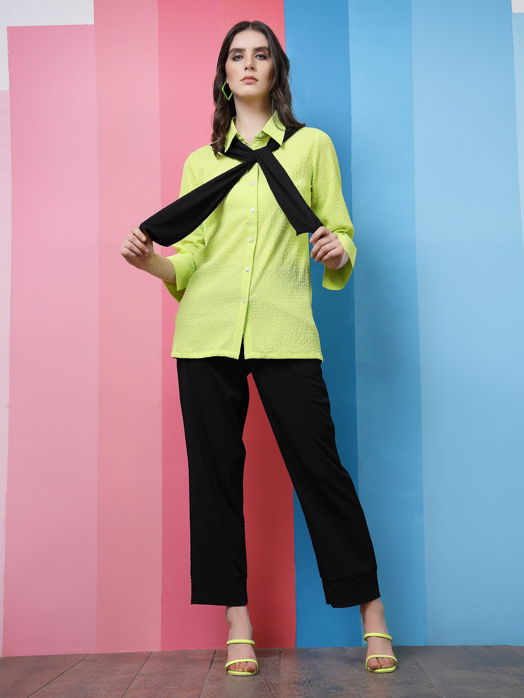 Athena Black Green Self-Design Shirt-Collar Shirt With Trousers Scarf Co-Ords