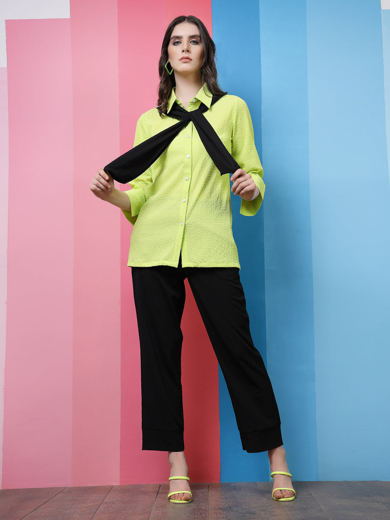 Athena Black Green Self-Design Shirt-Collar Shirt With Trousers Scarf Co-Ords