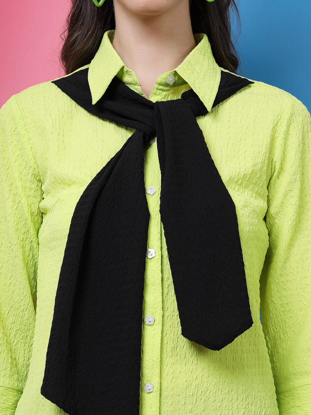 Athena Black Green Self-Design Shirt-Collar Shirt With Trousers Scarf Co-Ords