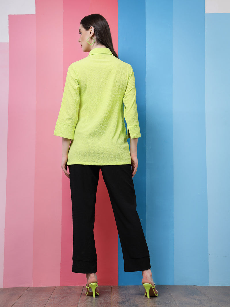 Athena Black Green Self-Design Shirt-Collar Shirt With Trousers Scarf Co-Ords