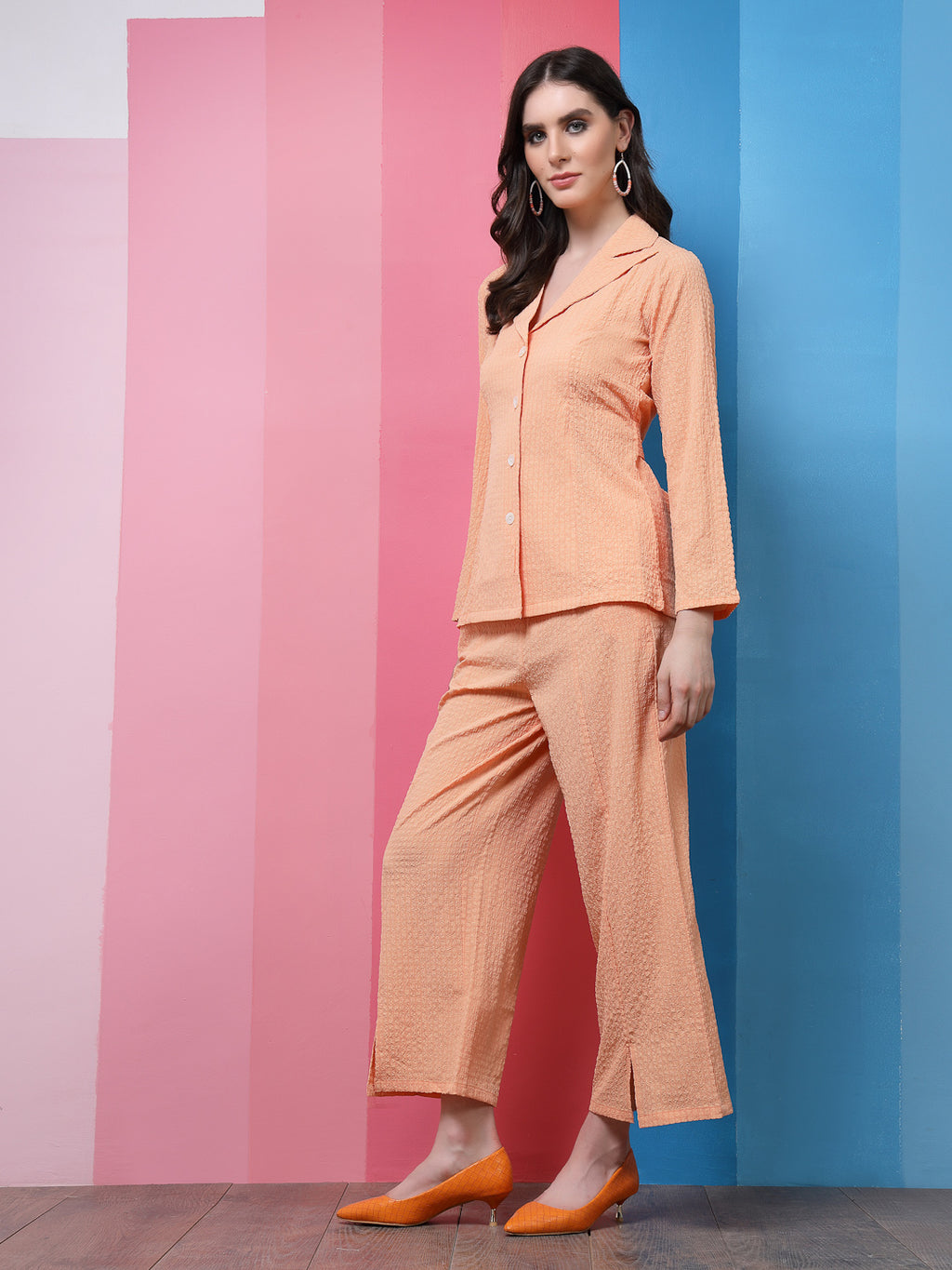 Athena Peach Self-Design Lapel Collar Shirt With Trousers Co-Ords