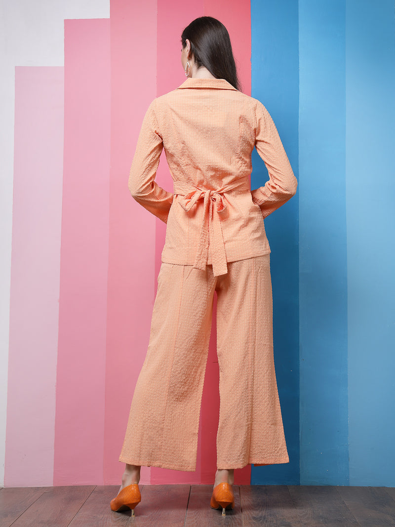 Athena Peach Self-Design Lapel Collar Shirt With Trousers Co-Ords