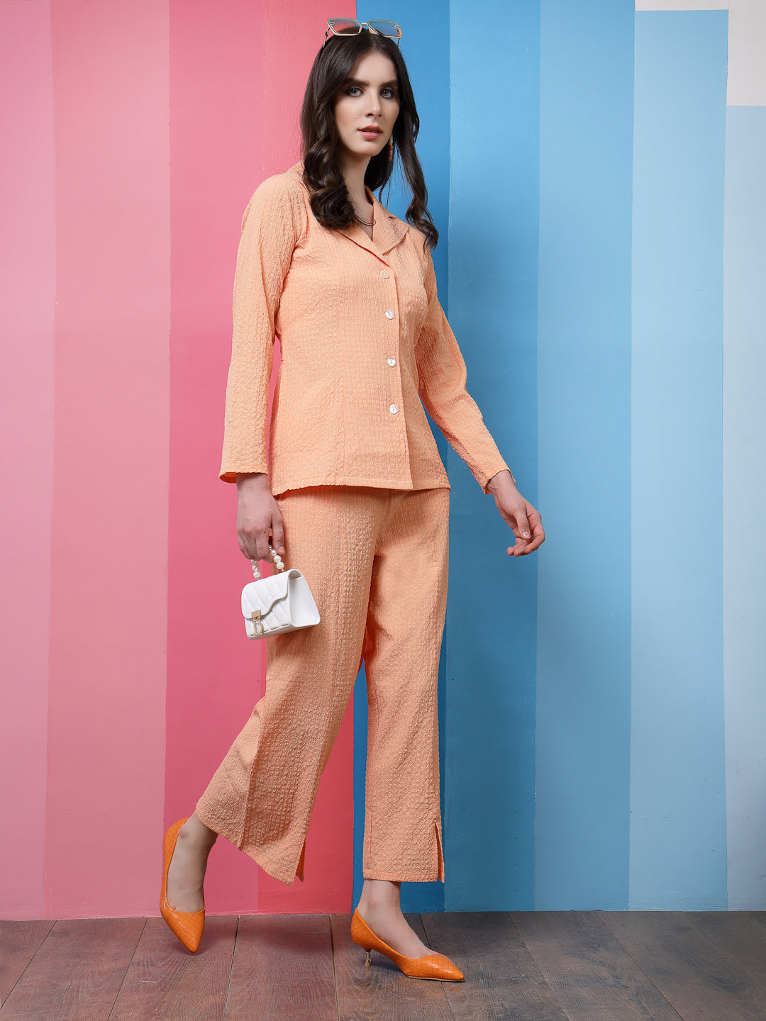 Athena Peach Self-Design Lapel Collar Shirt With Trousers Co-Ords