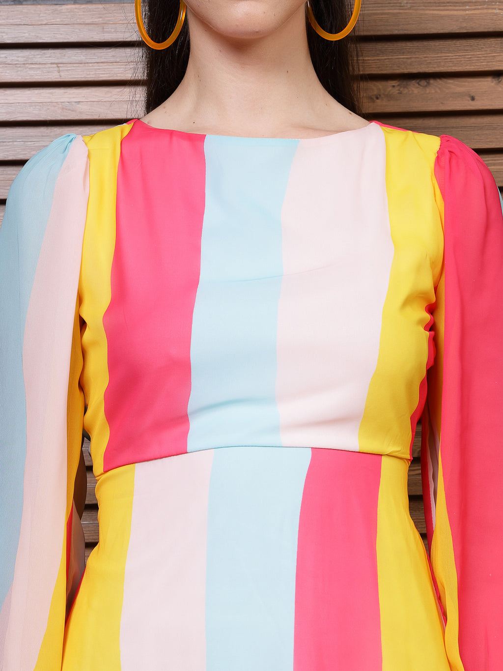 Athena Blue Striped Puff Sleeves Cut Outs Detail Georgette A-Line Dress