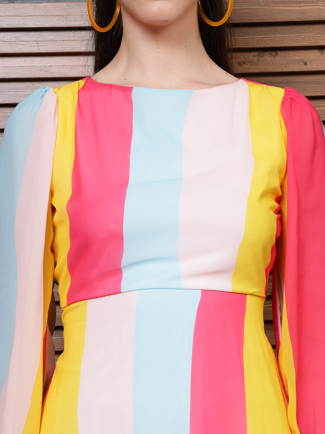 Athena Blue Striped Puff Sleeves Cut Outs Detail Georgette A-Line Dress